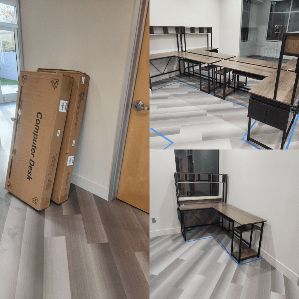 A three-part image showing the process of assembling a computer desk: the packaged box, the fully assembled L-shaped desk, and a detailed view of the completed setup