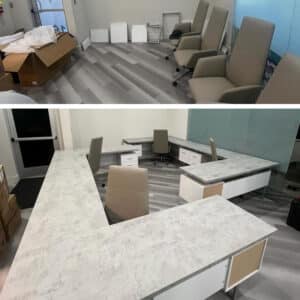 Before and after images of an office reception area, showing the setup process with chairs and boxes, and the completed installation of an L-shaped modern reception desk with beige chairs