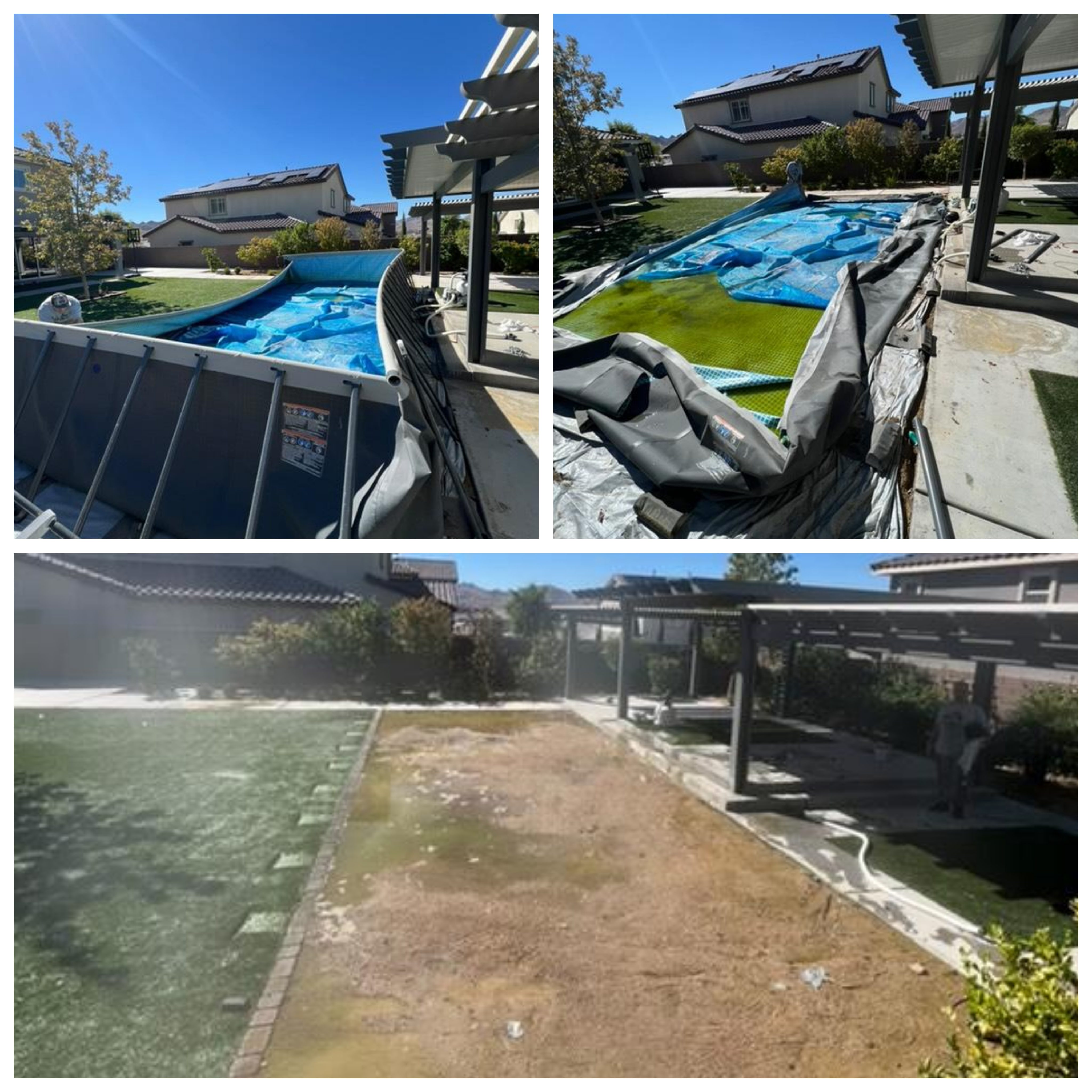 Sequence of images showing the removal of an above-ground pool, from partially disassembled stages to the cleared backyard space with artificial grass and soil.